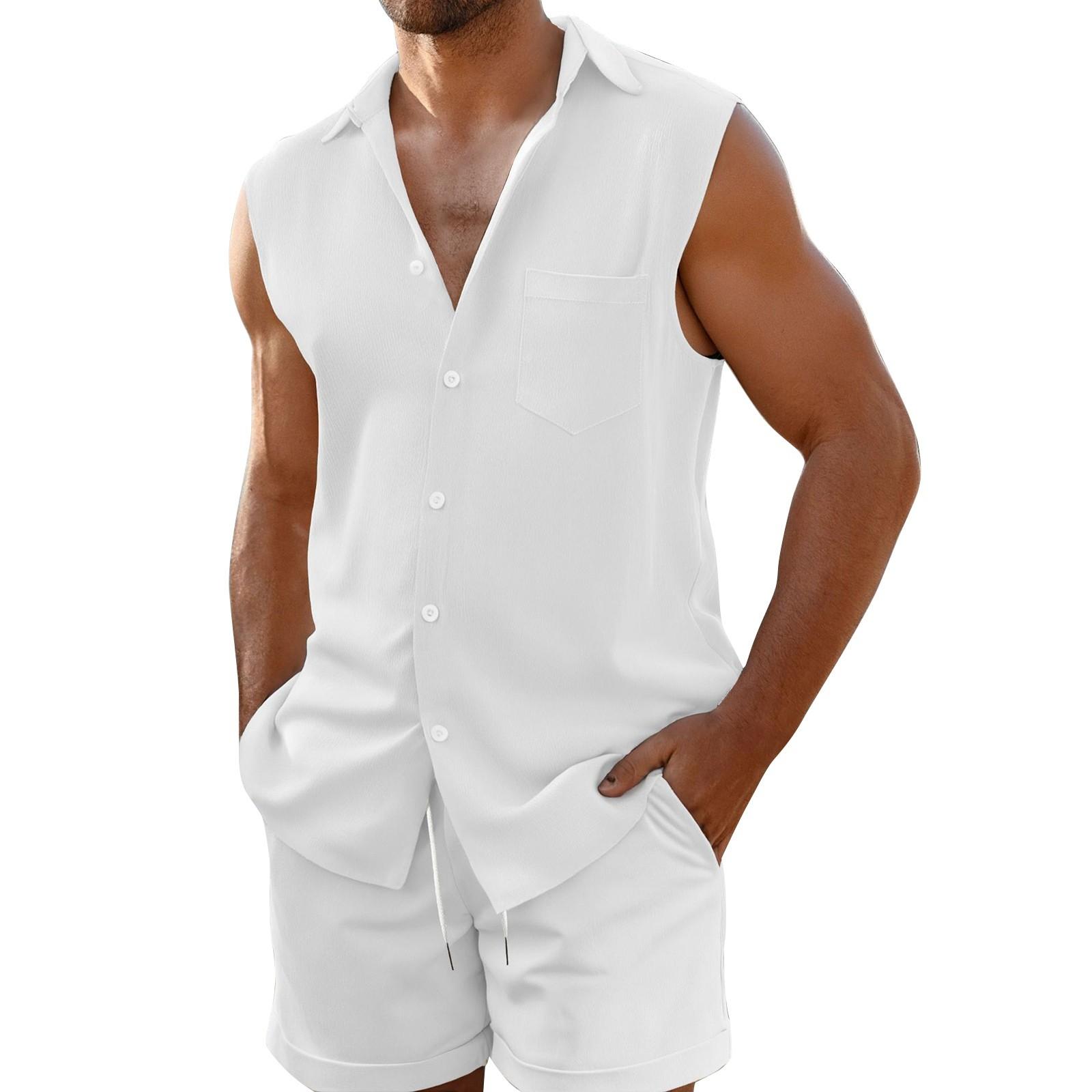 

Мужской летний однотонный дышащий свободный комплект из рубашки без рукавов с пуговицами и шортами XL белый