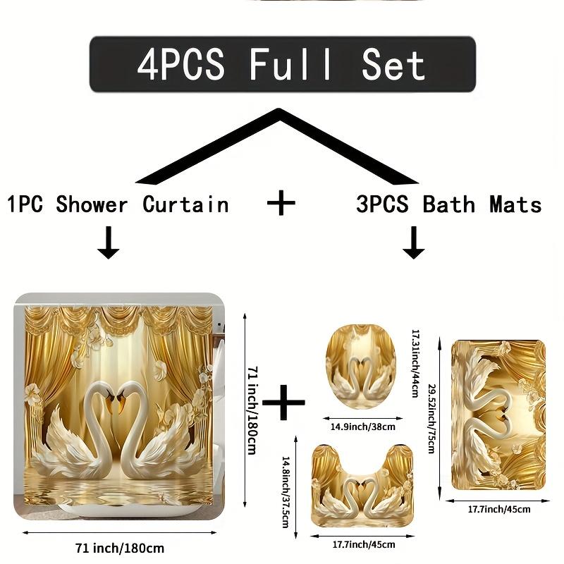 1/4 Stück Badezimmer Duschvorhang Set Golden 3D Schwan Druck Badezimmer Vorhang Mit 12 Haken Rutschfeste Teppiche WC-Deckel Matte Badezimmer Trennwand
