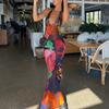 Early spring new European and American Spice Girls perspective backless dress, sexy deep V lace splicing printed suspender dress for women