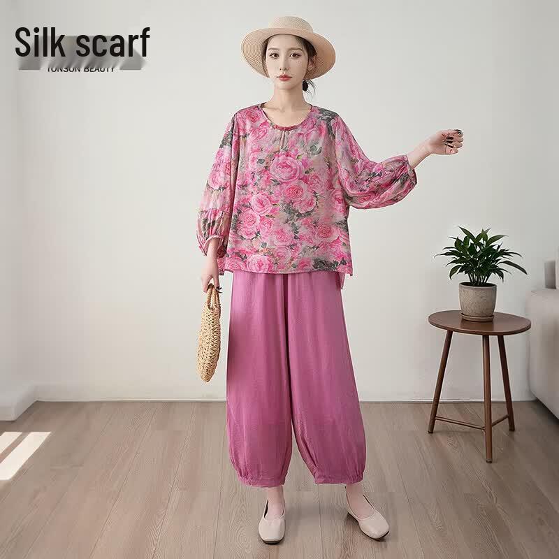 Women s Resort Style Floral Print Round Neck Shirt S