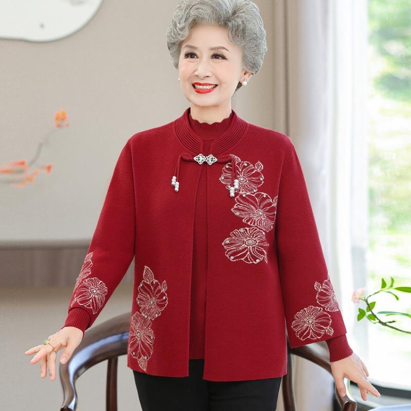 Grandma's new coat embroidered top Mom's autumn dress medium and old Tang suit two-piece cardigan long-sleeved old lady