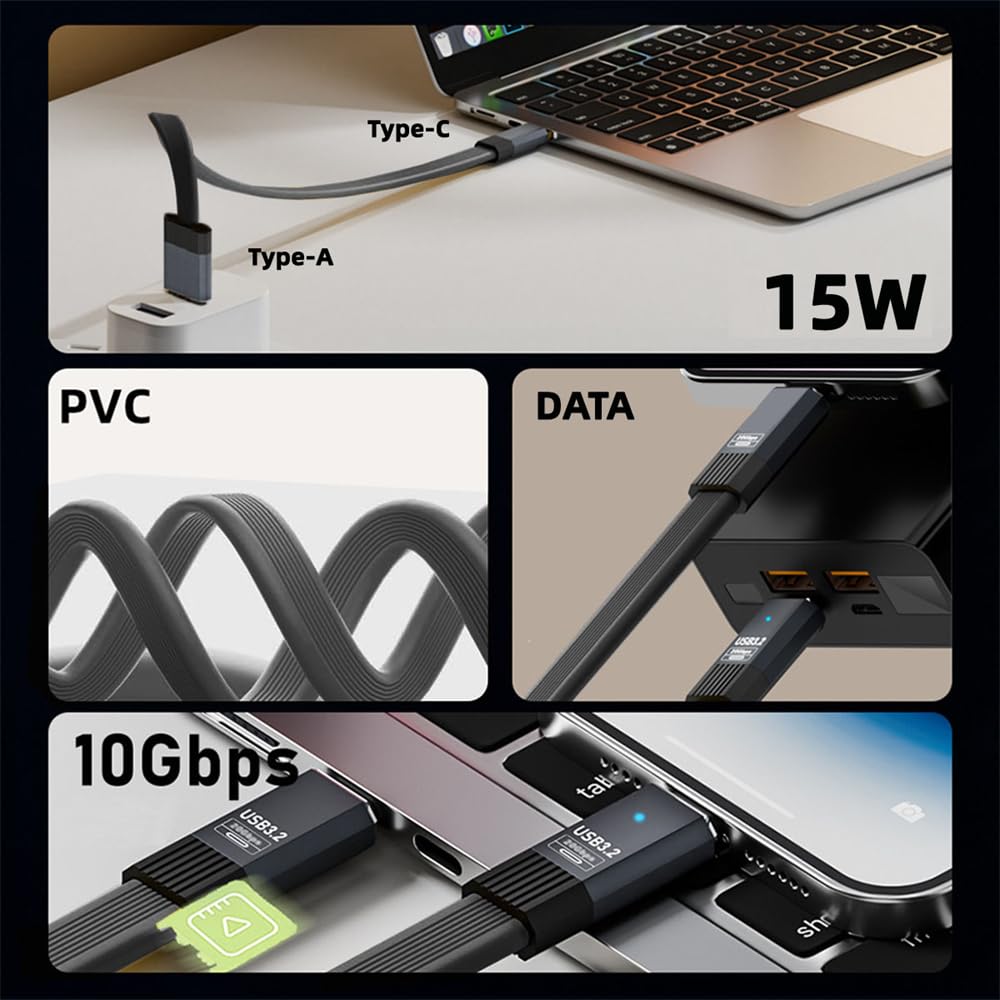 NFHK Cable Male To Male 10Gbps Flat Slim FPC Data Power Cable 5V3A for and Disks USB3.1 Type-A Type-C USB-C Laptops, Phones, (100cm)