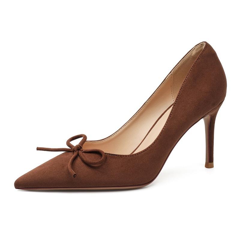 Bow Single Shoes Women's High-end Sense, French Suede Pointed High Heels Women's Thin Heels Are Not Tired