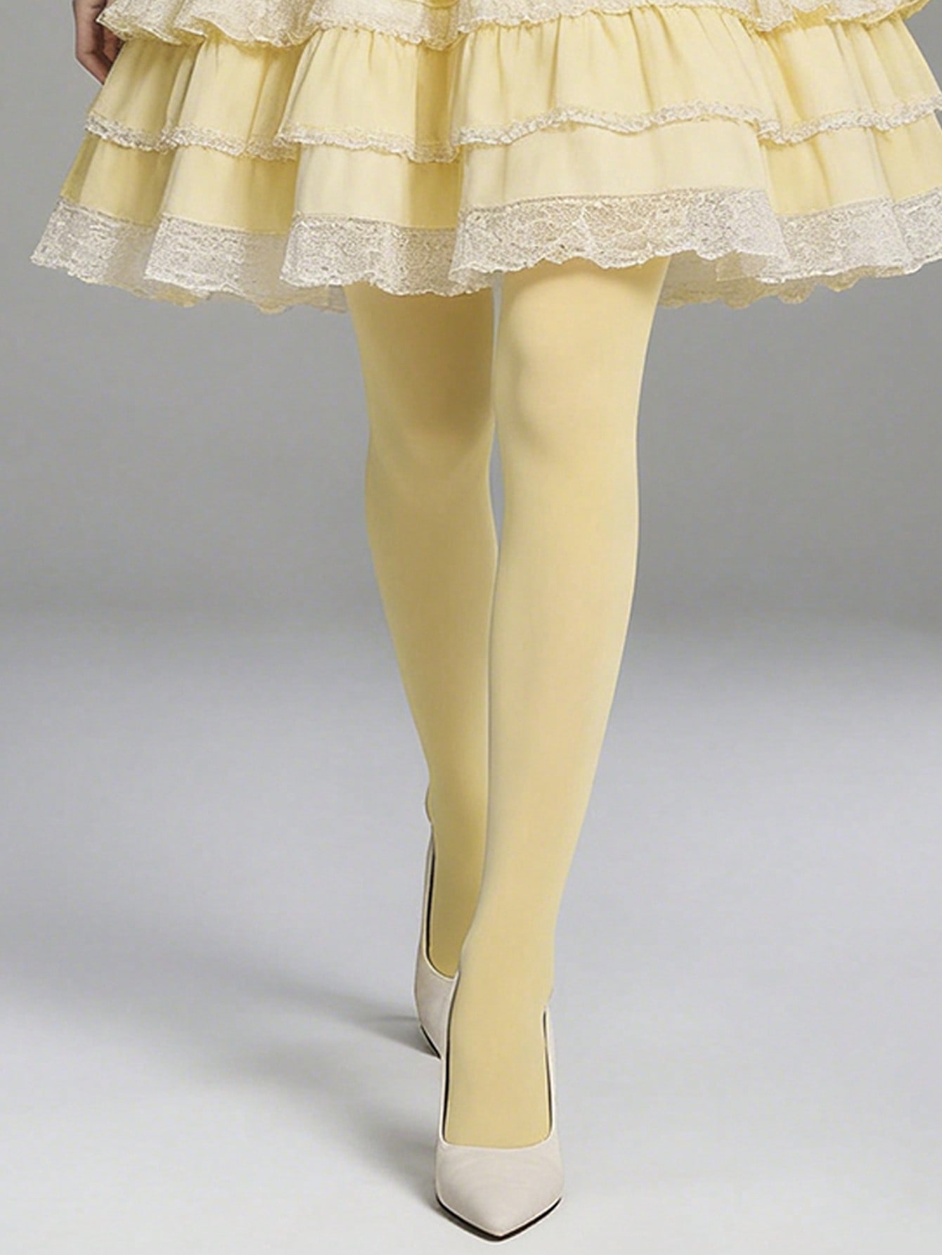 

1 Pair Women Cream Yellow Opaque Nylon Pantyhose, Comfortable For Sweet Daily Outfits M