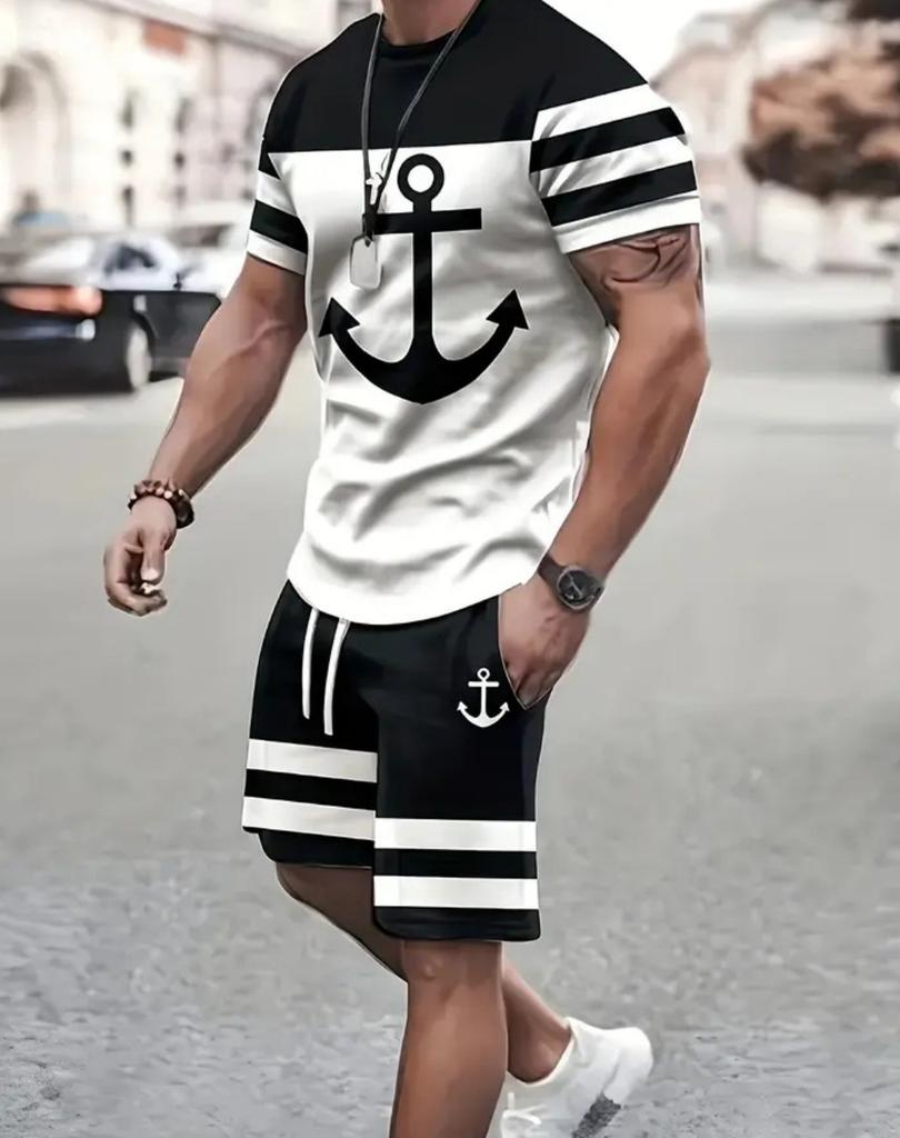 Navy anchor pattern men's set 3D printed summer outdoor short sleeved T-shirt+pants two-piece casual sports plus size men's set