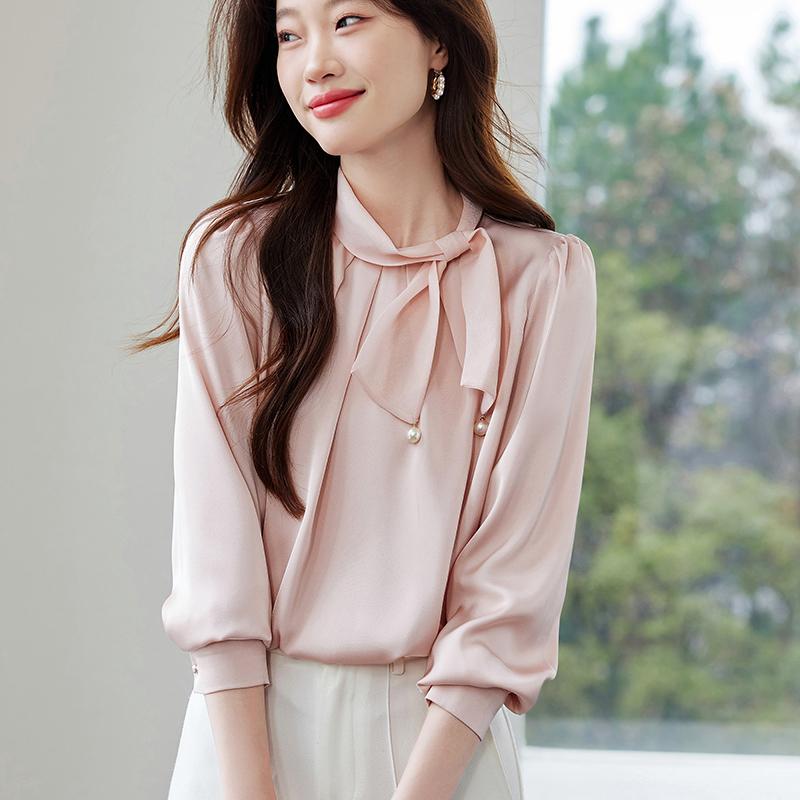 Women Blouses Shirts 2025 Spring Long Sleeve Women Blouse Shirt Bow Collar Solid Elegant Blouse Shirt Women Tops J909