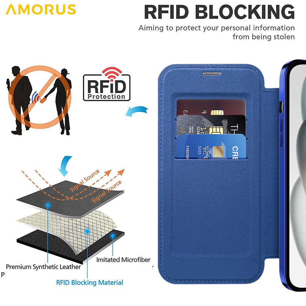 For iPhone 15 Case Compatible with MagSafe RFID Blocking Card Holder Leather Phone Cover