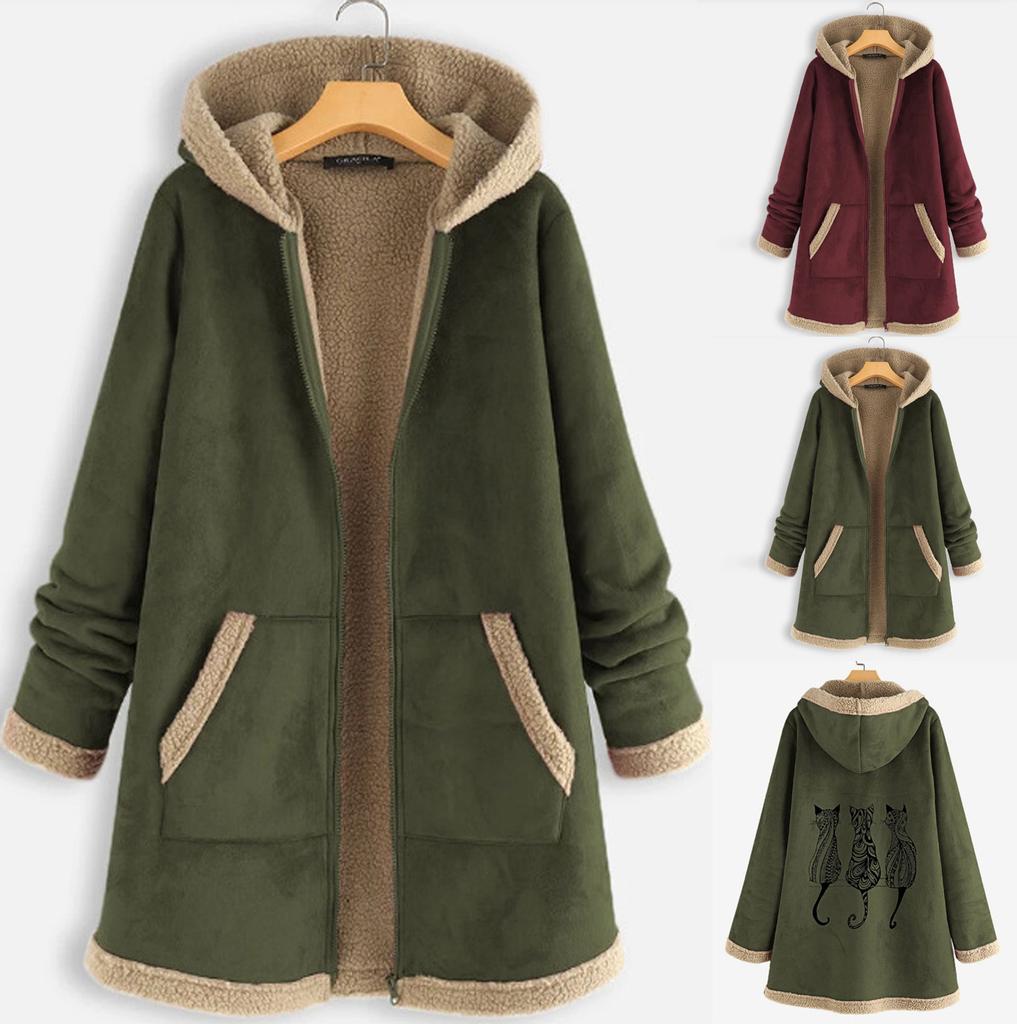 Women Vintage Cat Print Fleece Hooded Zipper Plus Size Long Sleeve Thick Coat