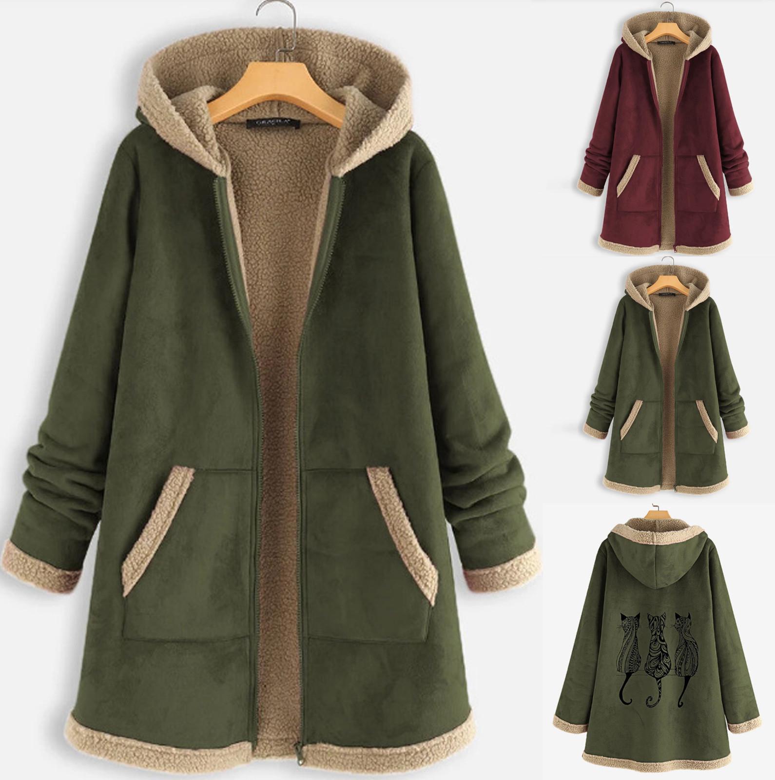 

Женское винтажное толстое пальто с длинным рукавом и молнией с капюшоном и принтом кошки в винтажном стиле