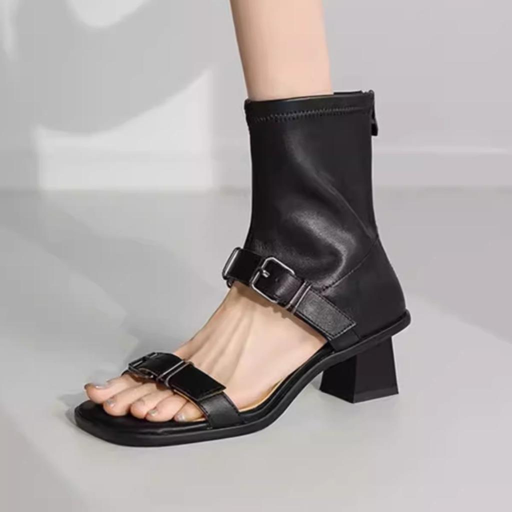 2025 new Internet celebrity belt buckle thick heel open-toed high-top sandals women's summer square head rear zipper Roman cool boots
