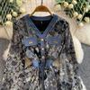 Spring Autumn Women Vintage Print V-neck Denim Patchwork Long Midi Casual Dresses