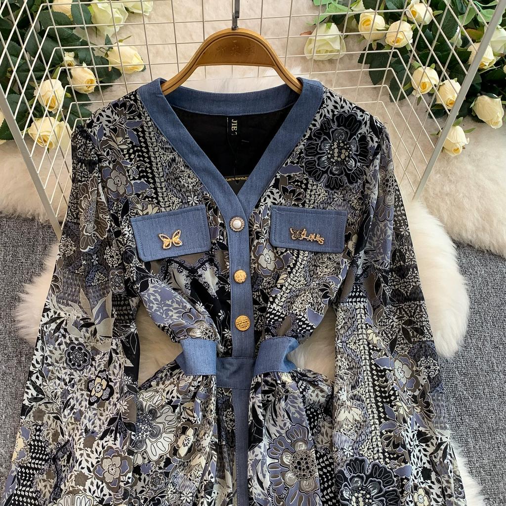 Spring Autumn Women Vintage Print V-neck Denim Patchwork Long Midi Casual Dresses