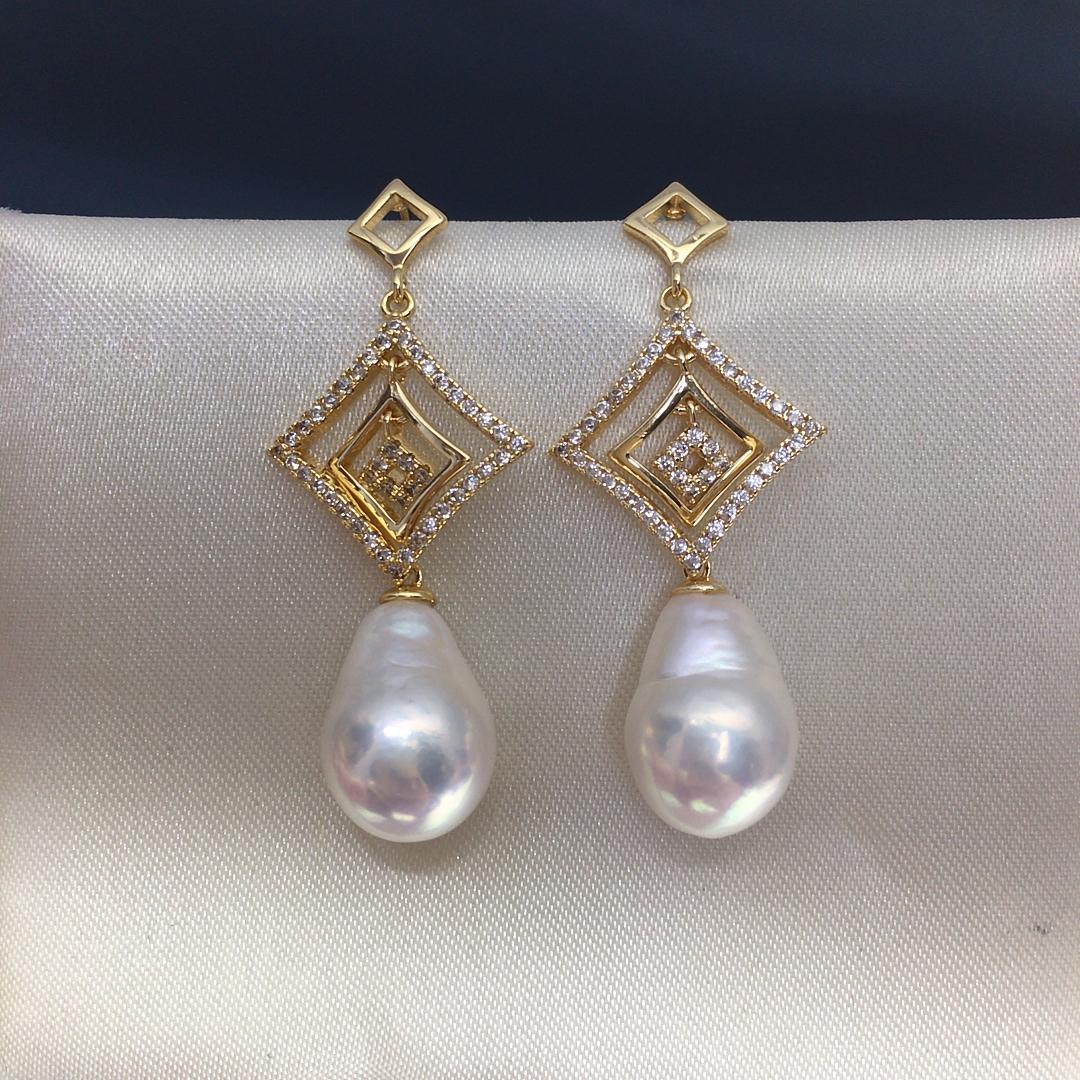 Natural Freshwater Baroque Pearl Drop Earrings Layered Rhombus Zircon Natural Pearl Pendant Earrings Women Jewelry 9-11mm