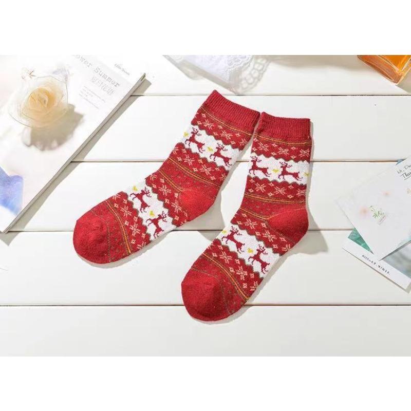 

Женские осенне-зимние носки до середины голени с меховым кругом, мультяшные, милые, с рождественским лосем 1 pair ярко-красный