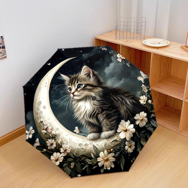 1 PC Automatic Folding Umbrella - Kitten and Moon Night Pattern, Portable & Foldable Design with 8 Ribs, Christmas Birthday Gifts