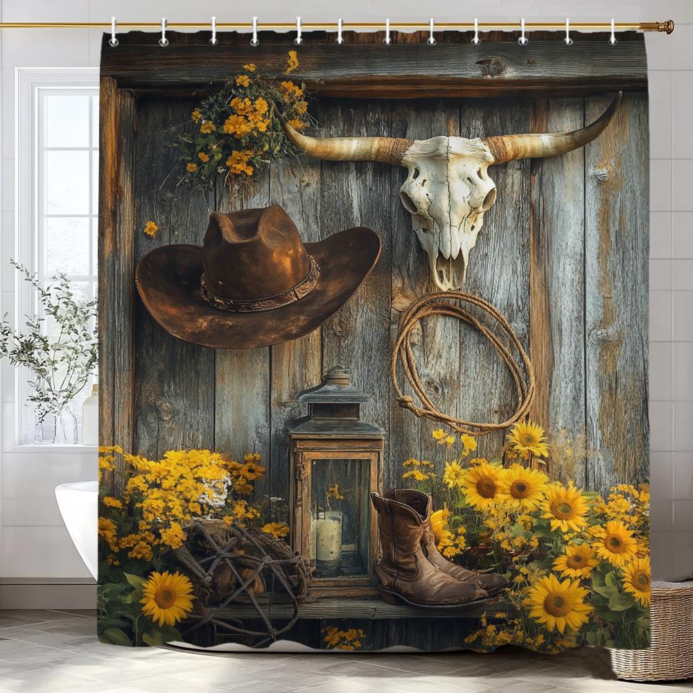 Flower Scenery Of Rural Farmhouse Shower Curtain, Bathroom Decorative Shower Curtain, Home Decorative Curtain With Hooks
