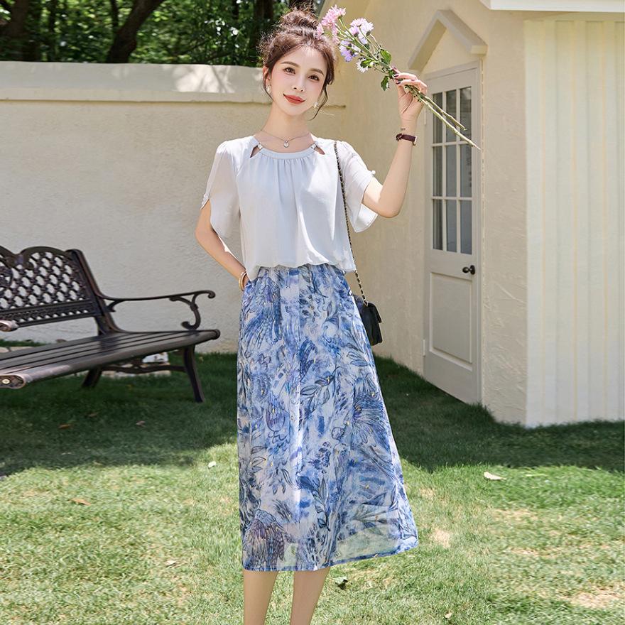 

Fake two-piece chiffon dress women s summer new design sense small temperament thin age reduction beautiful skirt M синій