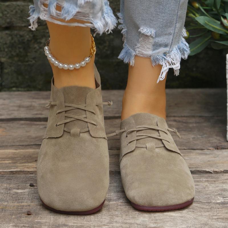 Sapatos casuais femininos de bico fino com cadarço, estilo vintage, planos, de bico baixo, para uso diário e dirigir