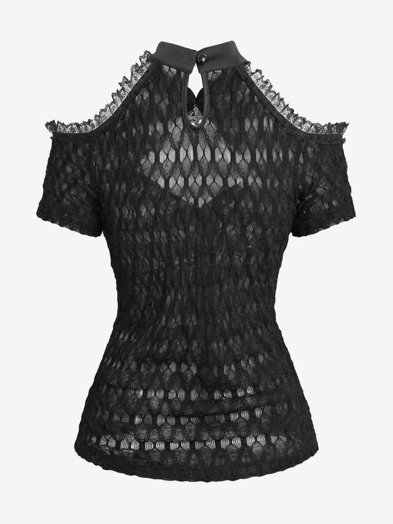 Rosegal Gothic Cold Shoulder Skull Cross Cut Out Panel Twist Crochet Lace Semi See Through Top