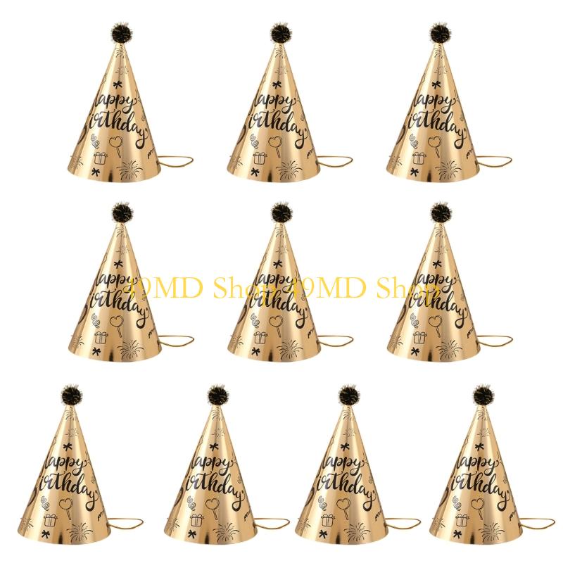 49MD Pack of 10pcs Foil Conical Party Headwear Birthday Hat With Secure Pom For Birthdays Family Activity золотой