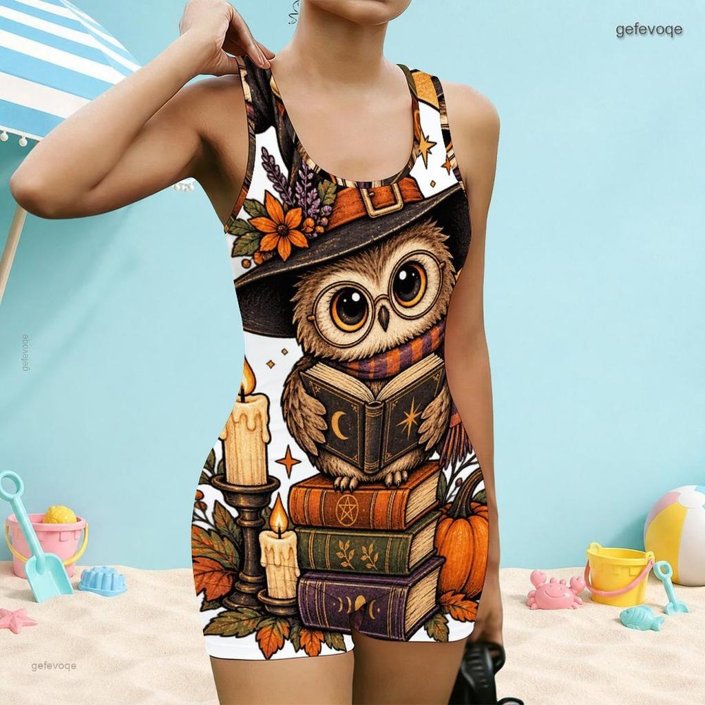 Women Plus Size Square Neck Wide Straps One Piece Swimsuit Halloween Black Cat Pumpkin Printed Boyshort