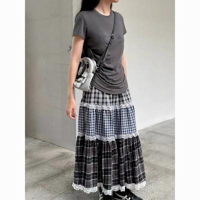Japanischer karierter gestreifter gerüschter Patchworkrock Vintage Damen Mittellanger A-Linien-Y2k-Streetwear-Kuchenrock