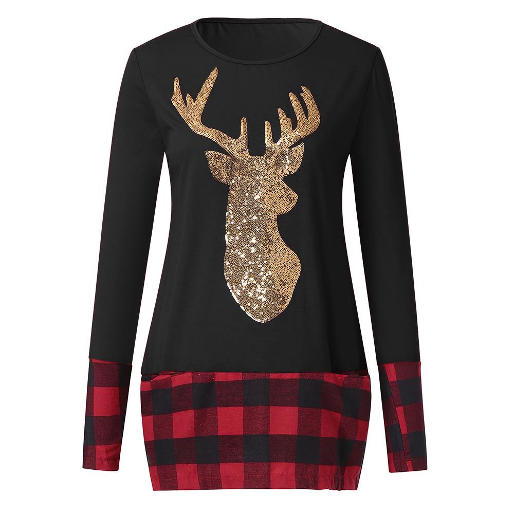 Womens Christmas Tops Plaid Splice Hem Long Sleeve Cute Tunic Blouse