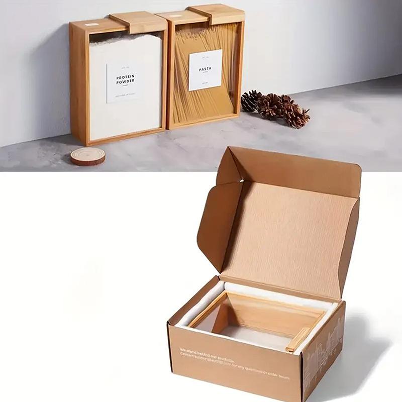 Bamboo Grain Storage Container Food Condiment Dispenser Transparent Sliding Lid Kitchen Storage Tank For Cereal, Rice, Flour