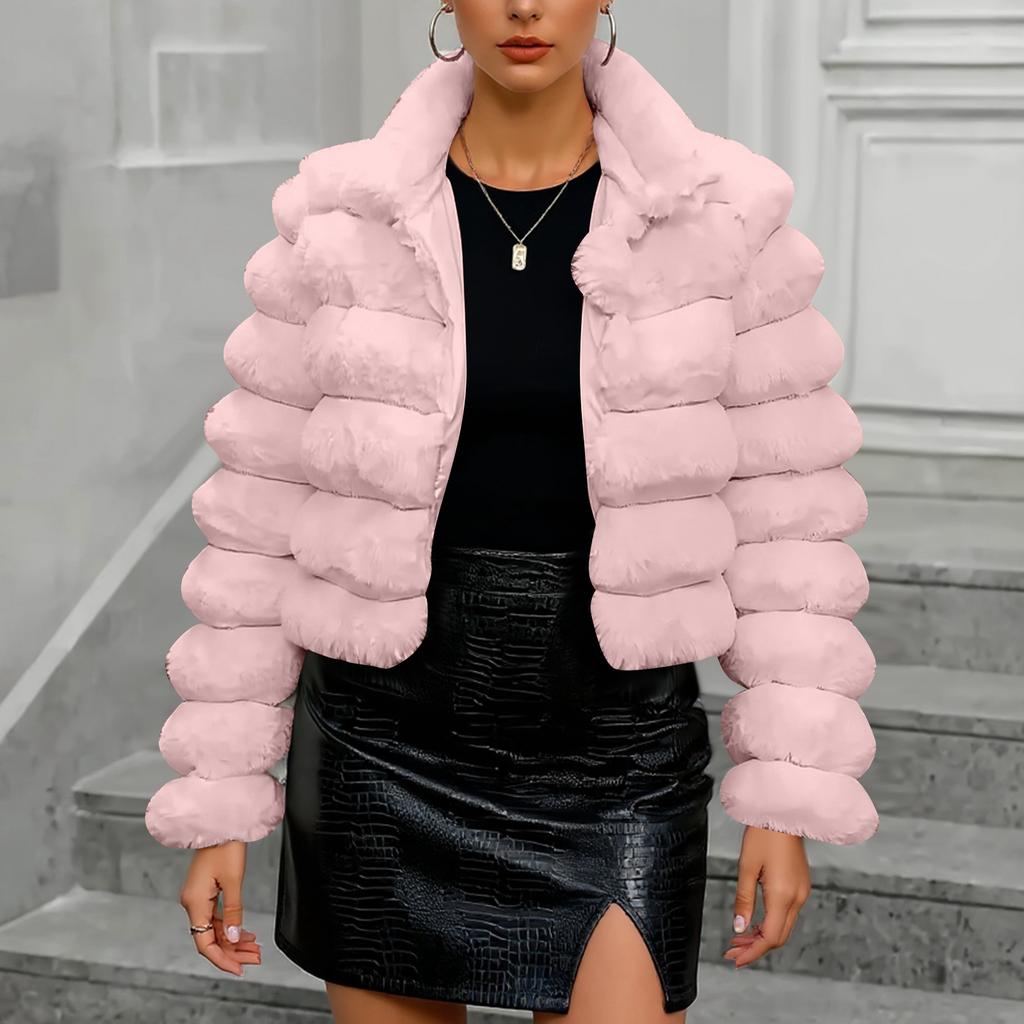 Damski Modny Ciepły Puszysty Płaszcz z Długim Rękawem w Jednolitym Kolorze