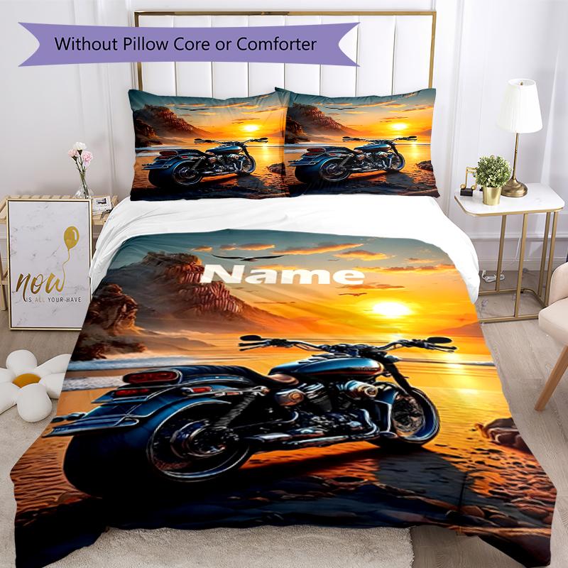3pcs Custom Name Motorcycle Bedding Set Duvet Cover Closure Includes 1 Duvet Cover & 2 Pillowcases, Soft and Comfortable for All Seasons.