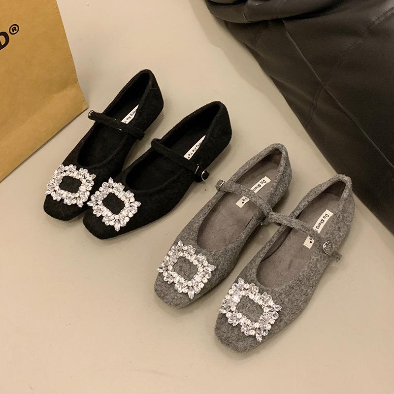 Versatile Thick Heel Single Shoes Women's Skirt Spring 2025 New Rhinestone Velvet Warm Mary Jane High Heels Tide