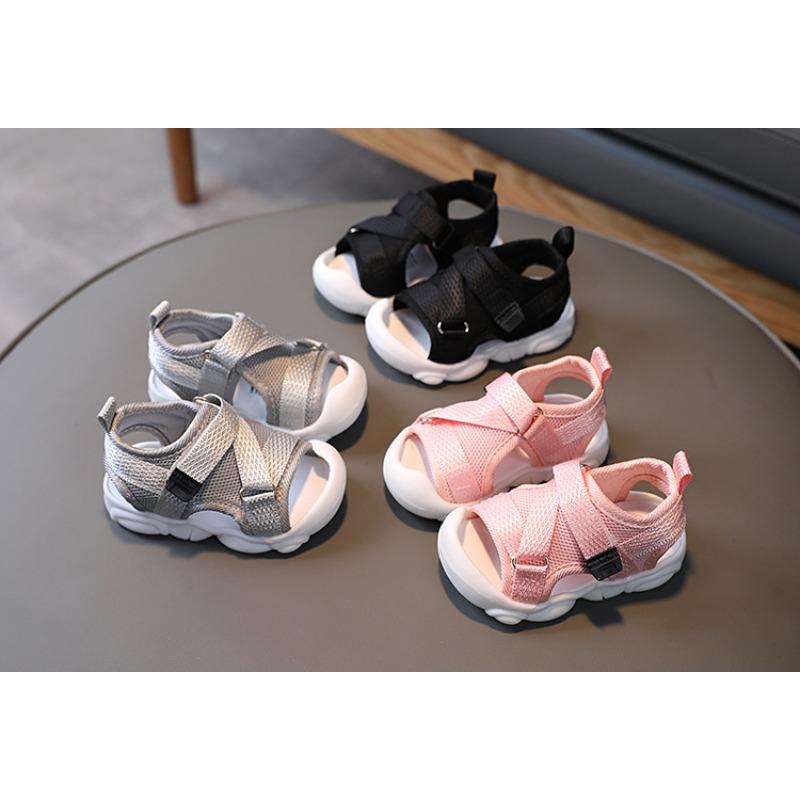 Small kids sandals solid color velcro Korean style children's beach shoes baby soft sole summer closed-toe non-slip