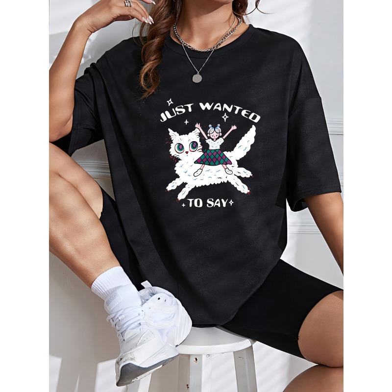 Weißes T-Shirt mit Kawaii-Katzen- und Textdesign für Freizeitkleidung