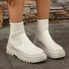 Fashion Women's Slip-On Chunky Platform Boots Knitted Patchwork Pu Leather Thick Sole Boots Woman Comfy Non Slip Chelsea Botas Mujer