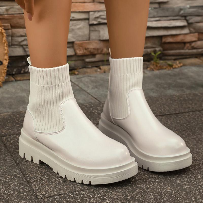 Fashion Women's Slip-On Chunky Platform Boots Knitted Patchwork Pu Leather Thick Sole Boots Woman Comfy Non Slip Chelsea Botas Mujer