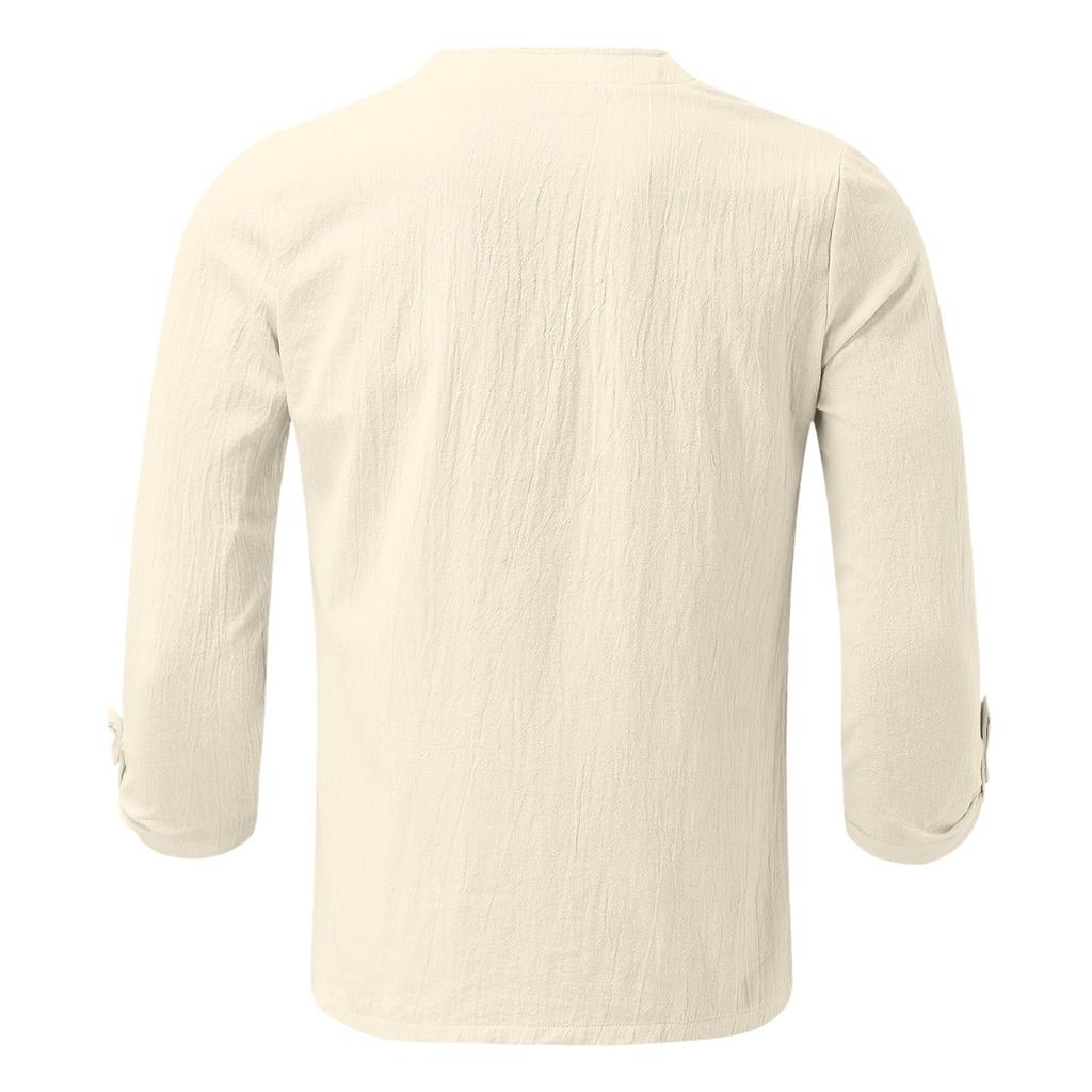 Men's Casual Relaxed Trendy Beach Cotton And Linen Top - Men's 7-inch Sleeve Long Tie-