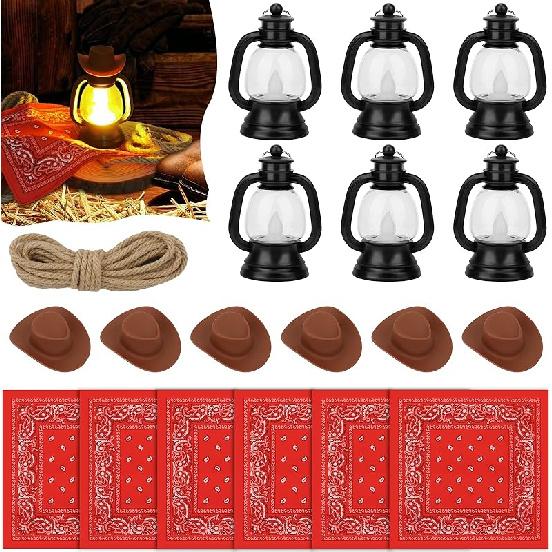 MOTOTO 6 Set Western Theme Party Centerpieces Western Party Decor Include 6 Mini Lantern with LED Candle 6 Mini Cowboy Hats 6 Mini Bandannas 1 Jute 6 Sets