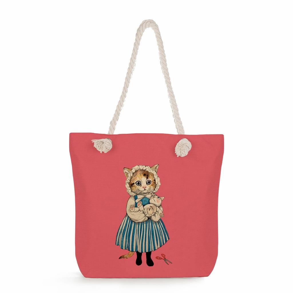 Multifunctional Cute cartoon cat Printed Thick Rope Shoulder Beach Bag Casual large capacity handbag 7610