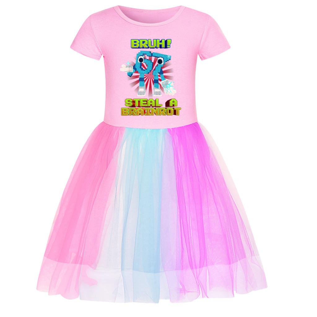 5194 Kinder Mädchen Steal a Brainrot 67 Six Seven Print Mesh Regenbogen Rundhals Lässig Lässig Baumwollkleid