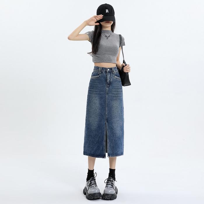 

Юбка миди из денима с высокой посадкой большого размера - Летняя ретро А-силуэт с разрезом L