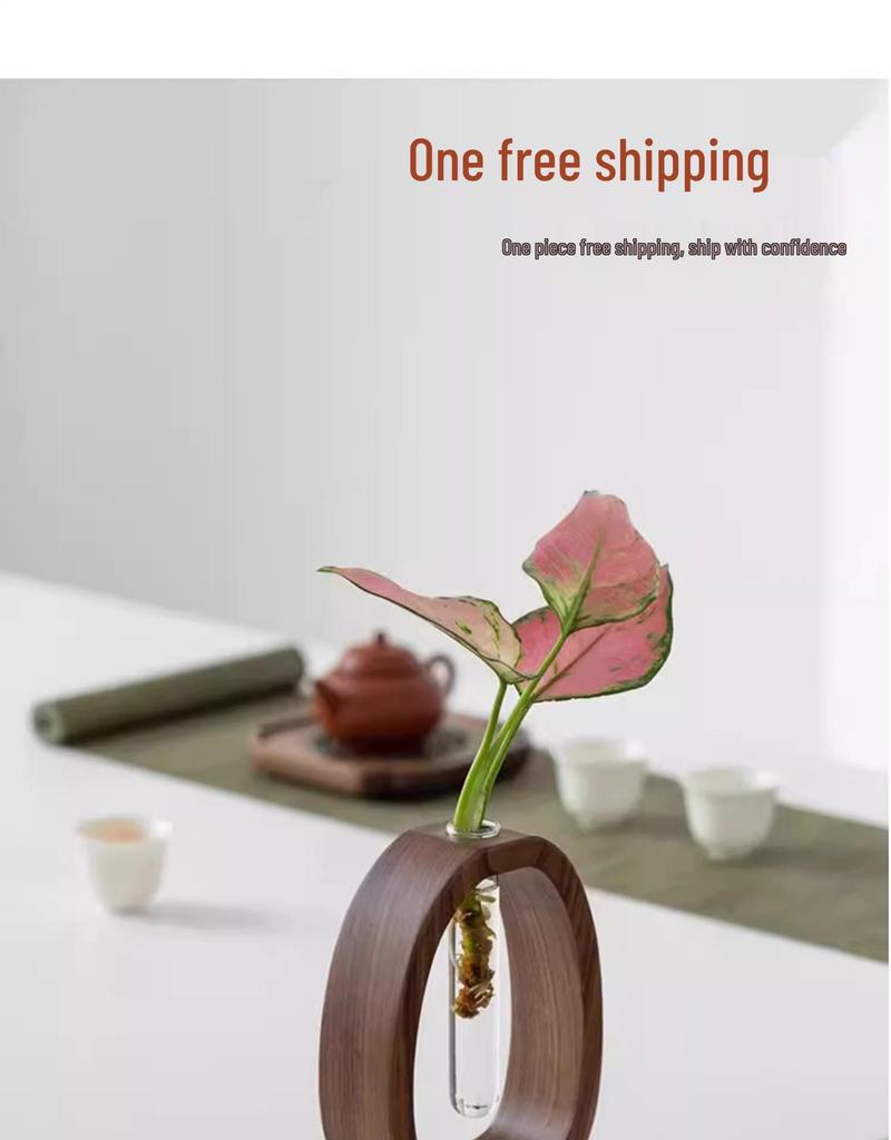 Walnut Solid Wood & Glass Hydroponic Vase for Home - Perfect for Green Plants, Fresh Flowers, and Desktop Arrangements