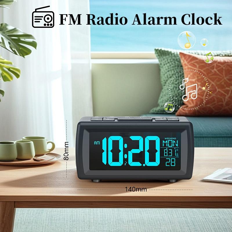 FM Radio Digital Alarm Clock with 7 Light Color Changing Date Week Snooze Table Clock 5 Levels Brightness 12/24H DST LED Clock
