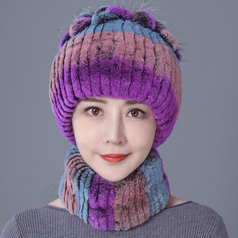 New Rex rabbit fur wool hat women's autumn and winter warm scarf fashion thickened ear protection flower suit tide