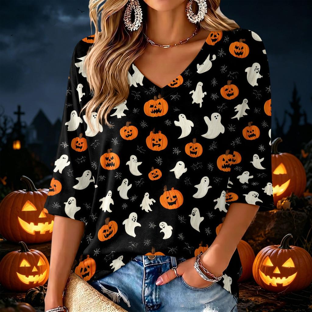 Women's V-Neck Halloween Print Lightweight Blouse for Spring and Summer