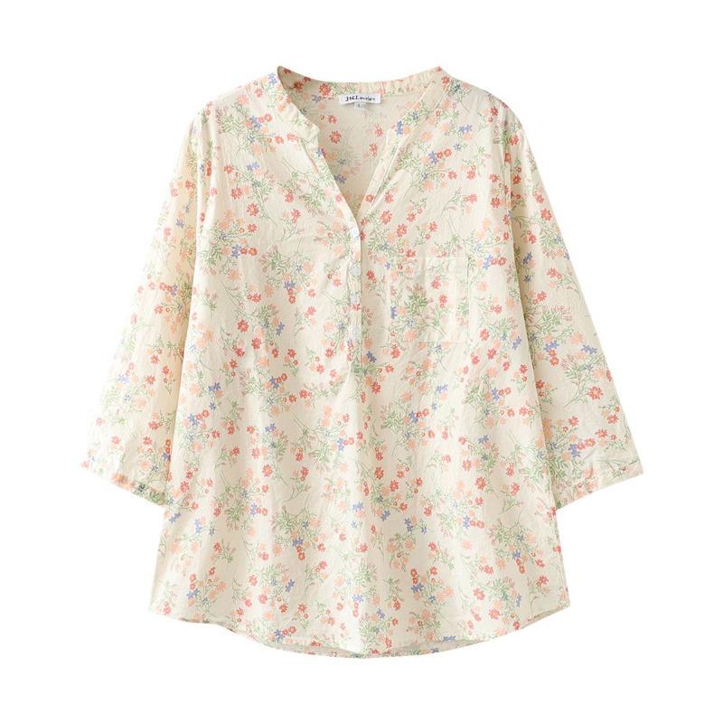 Women s Floral Print 3/4 Sleeve Blouse  V-Neck Casual Cotton  Loose Versatile Top S