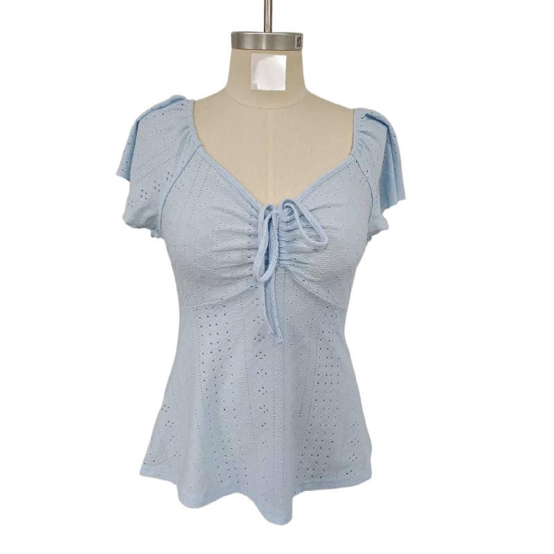2026 Summer New V-neck Drawstring Tie Sexy Short Sleeve Solid Color Women's T-shirt