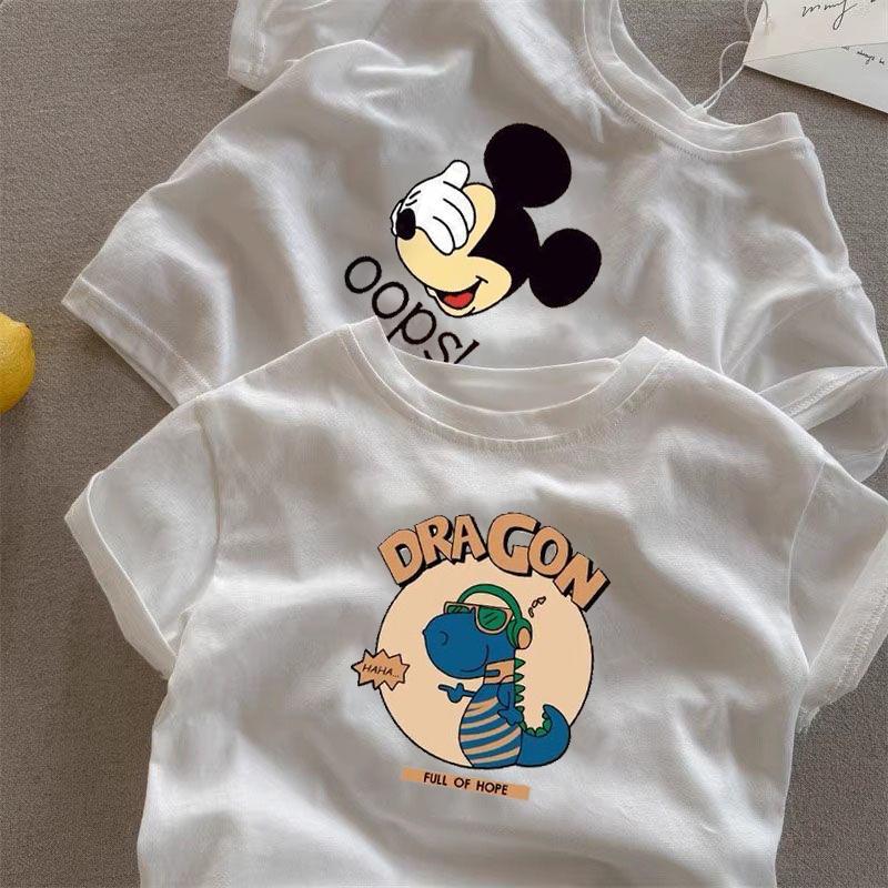 Kids Summer Cotton Cartoon Short Sleeve T Shirt Boys Girls White Crew Neck Casual Top