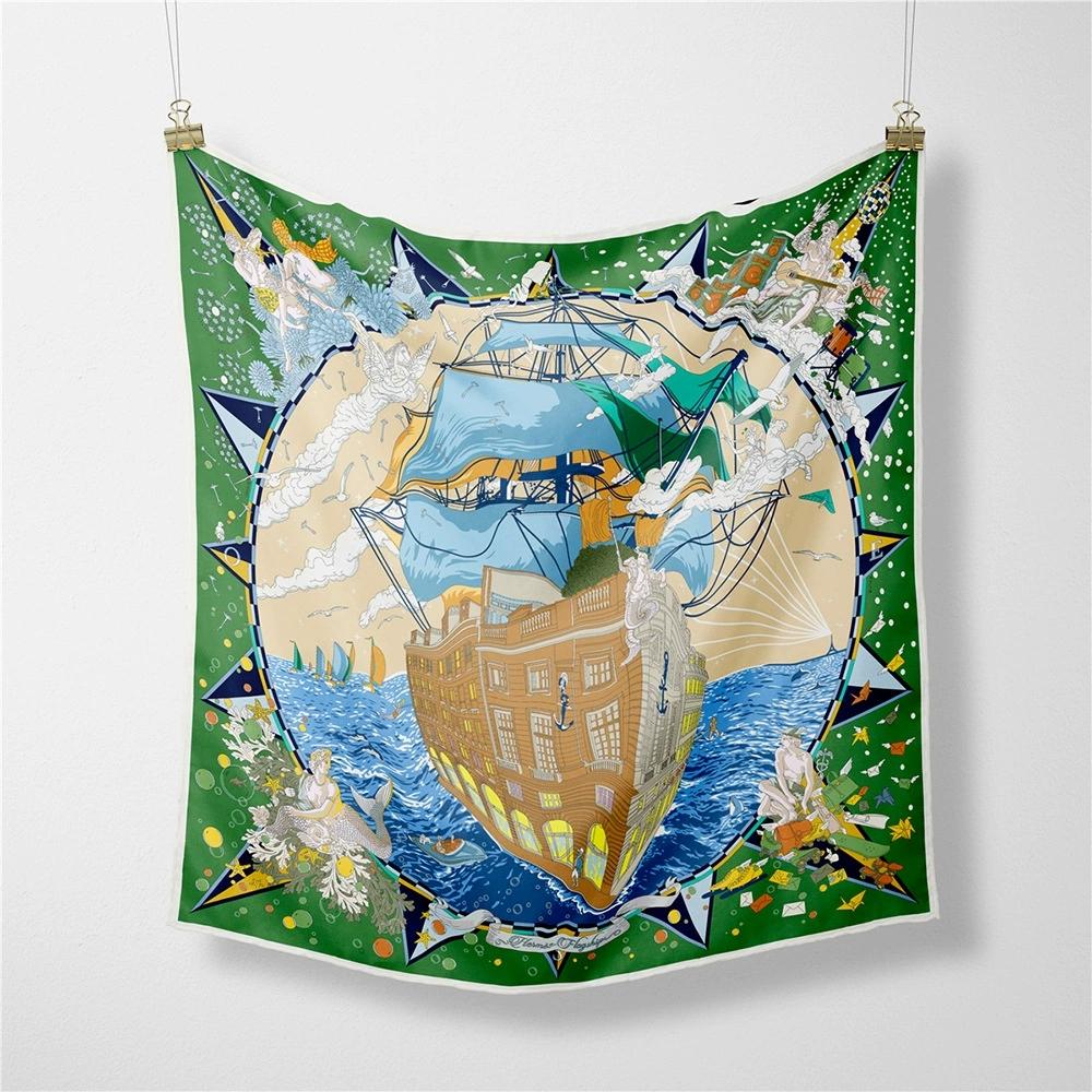 French 53cm New Dream Sailboat Women Twill Silk Scarf Versatile Decorative Square Necktie Small Scarf