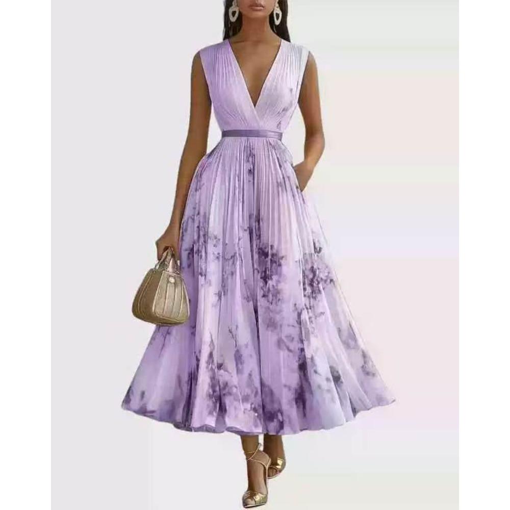 European and American Autumn and Winter Women's Clothing Printed V-neck Sleeveless Fashion Pleated Dress Long Dress Women