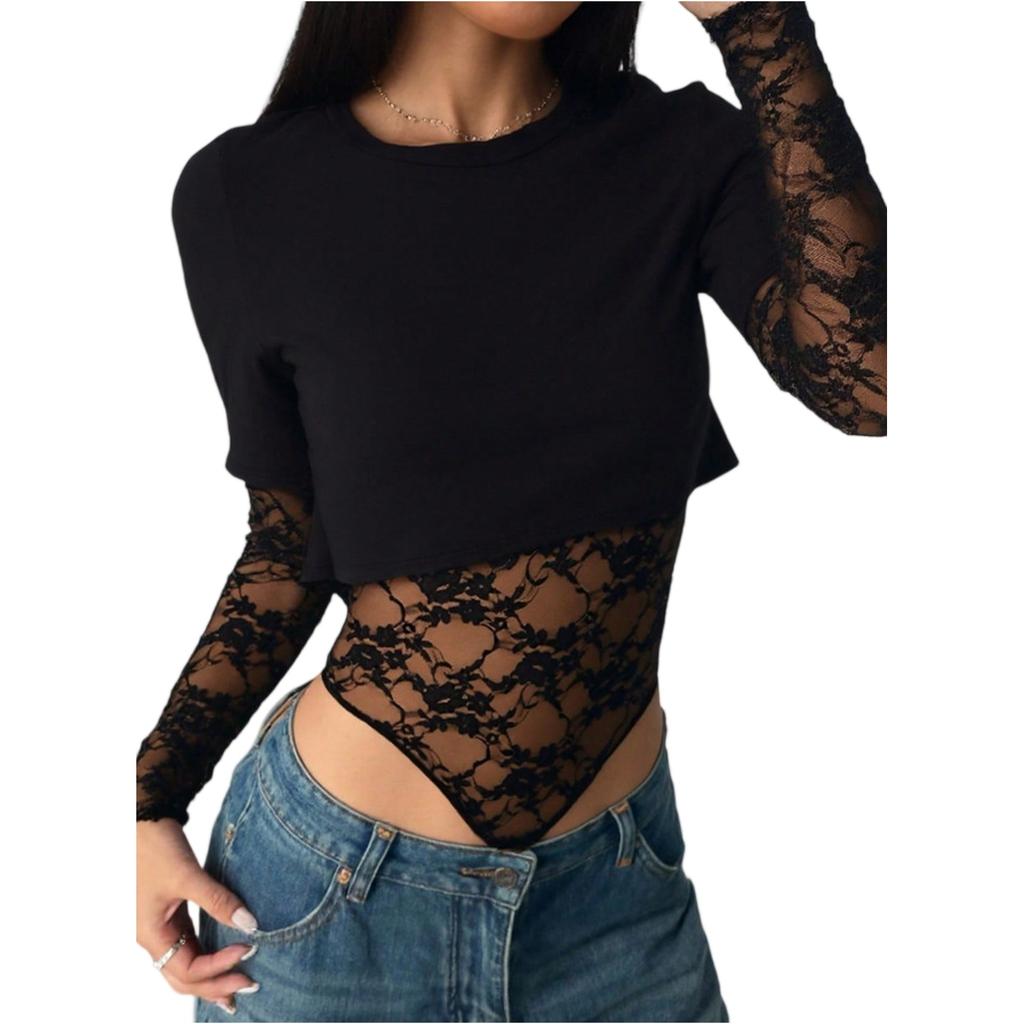 Stylish Women's Jumpsuit, Color, Cropped, Fitted, Lace-trimmed Short-sleeved Top